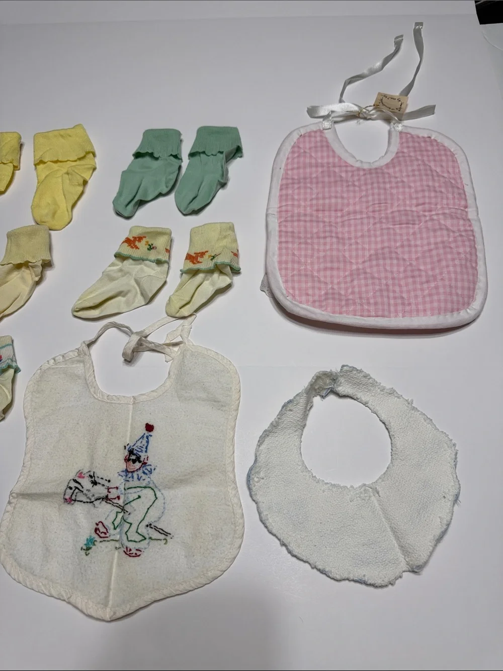 Assorted Vintage Baby Bibs and Socks Set - Pink, White, Yellow, Green
